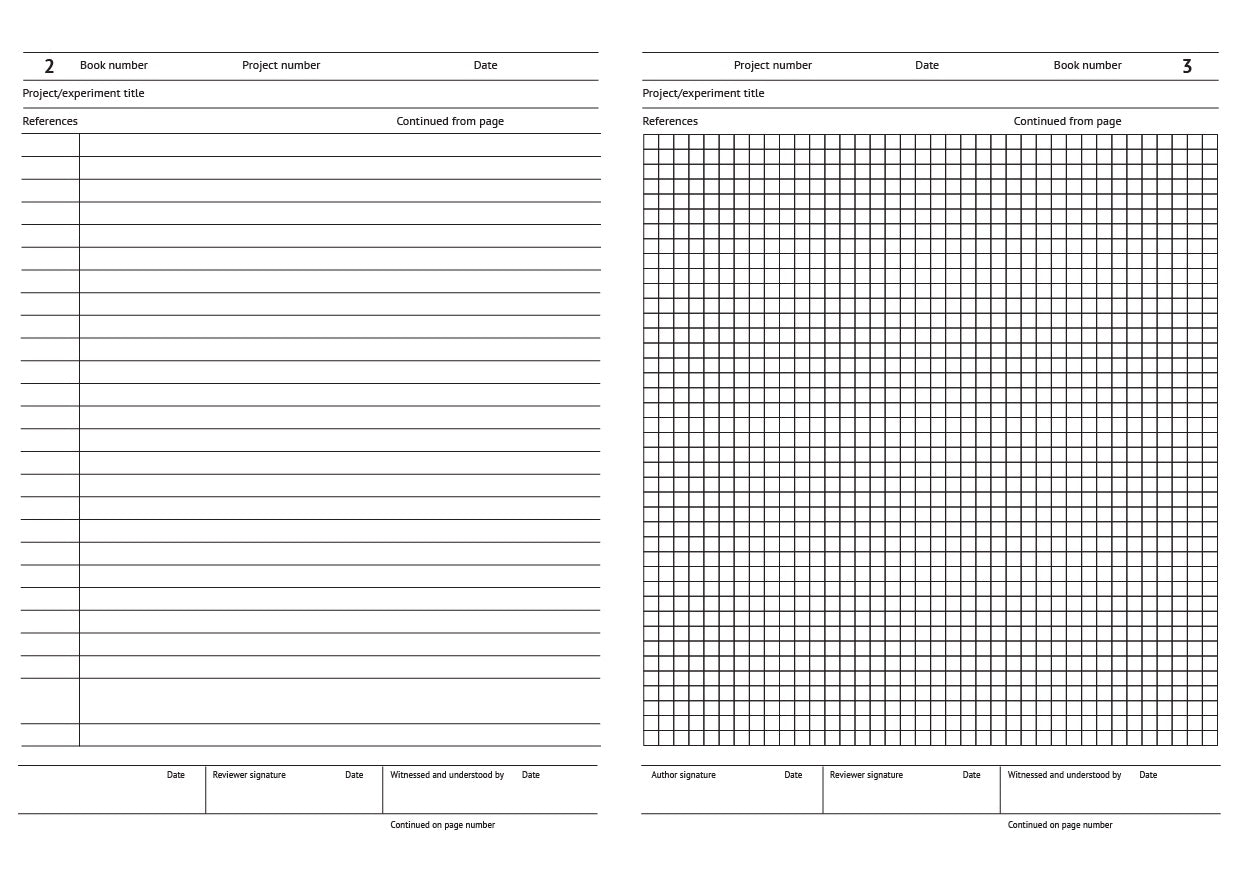 Code A04: A4, GLP laboratory notebook – hardback, 200 pages. Left-hand page: 8mm ruled line spacing and left-hand margin, right-hand page: 5mm squared grid