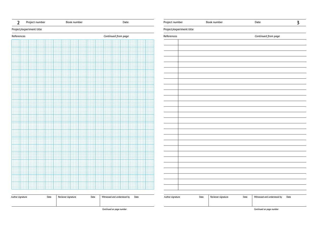 Code A50: A4 laboratory notebook – hardback, 104 pages. Left-hand page: 2mm graph paper grid with left-hand margin, right-hand page: 8mm ruled line spacing with left-hand margin