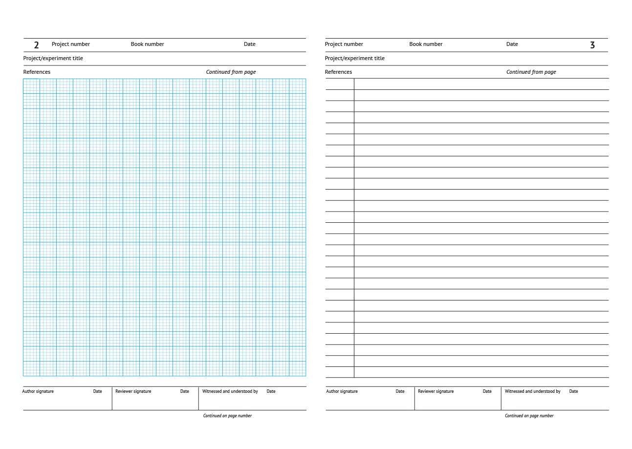 Code A50: A4, GLP laboratory notebook – hardback, 104 pages. Left-hand page: 2mm graph paper grid with left-hand margin, right-hand page: 8mm ruled line spacing with left-hand margin