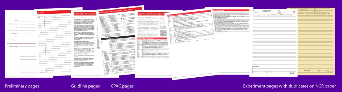 Code S01: A4 laboratory notebook for schools – hardback, 100 numbered leaves in duplicate printed on NCR paper with 6mm ruled line spacing